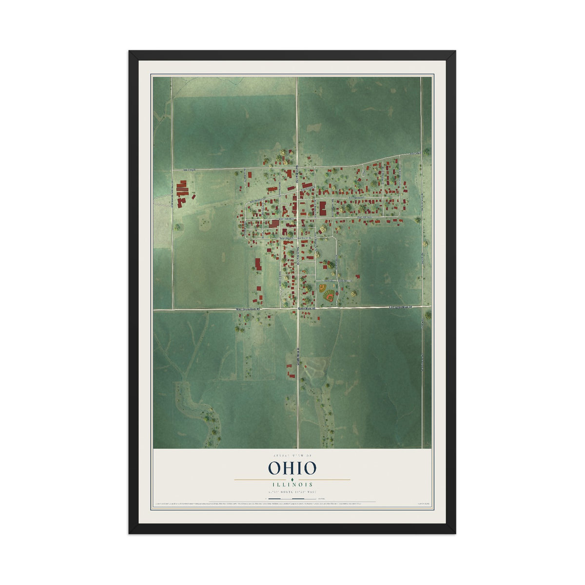 Map of Ohio, Illinois, 12 x 18 inch print in a black wood frame