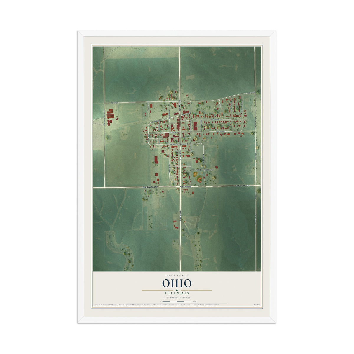 Map of Ohio, Illinois, 12 x 18 inch print in a white wood frame