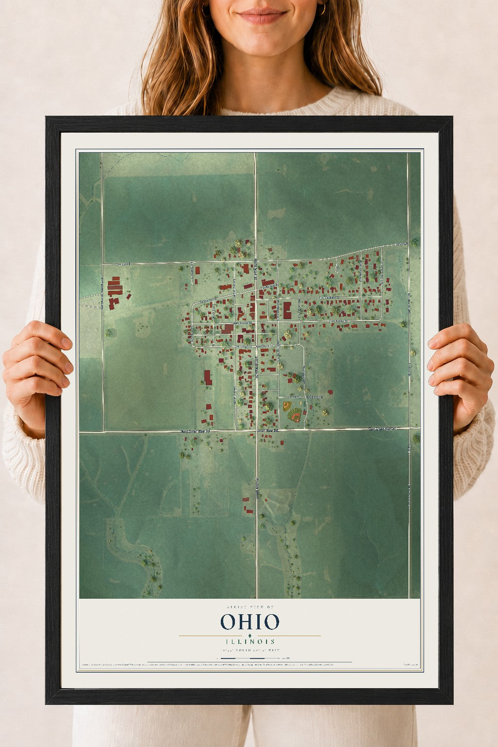 Map of Ohio, Illinois, 18 x 24 inch print in a black wood frame