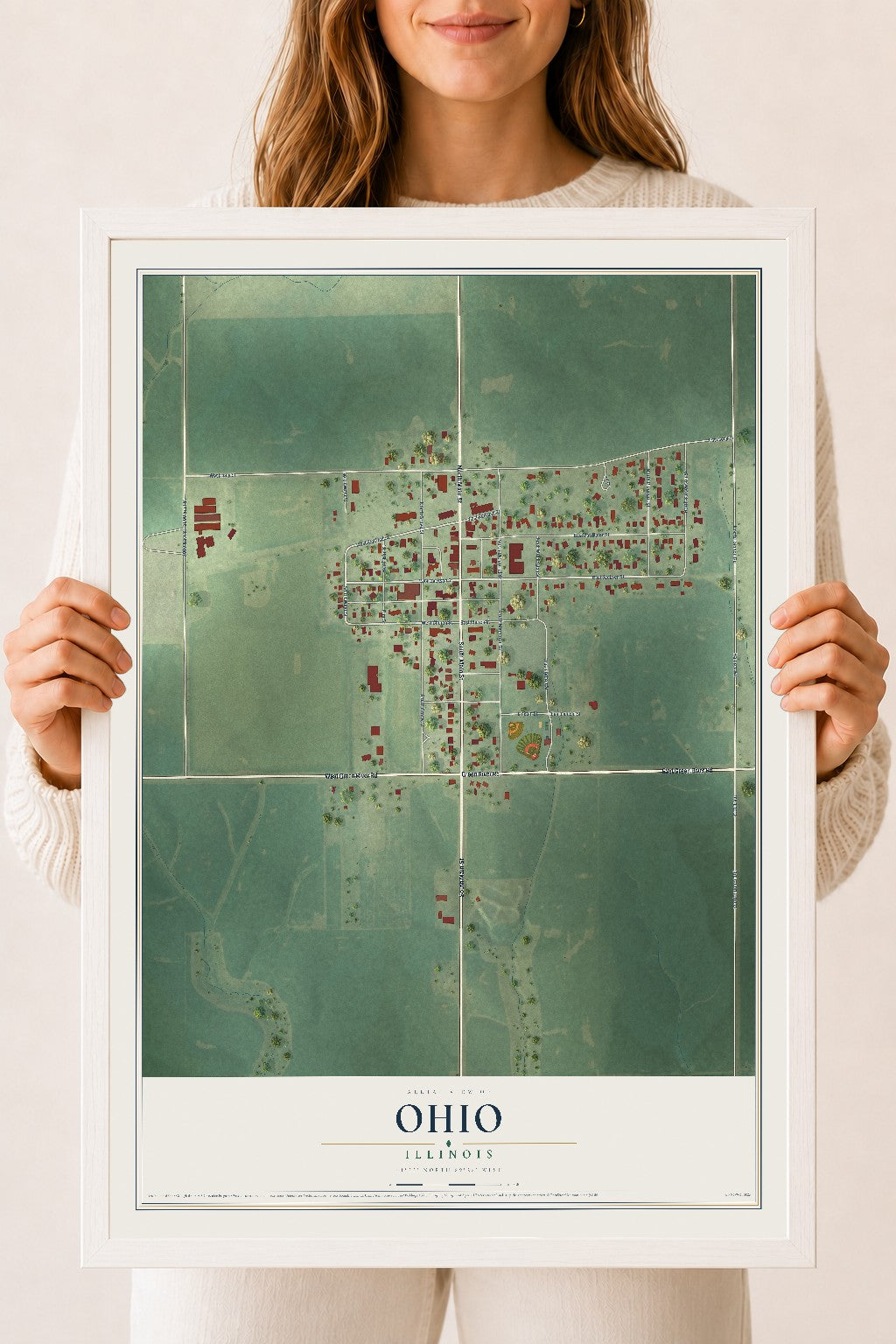 Map of Ohio, Illinois, 18 x 24 inch print in a white wood frame