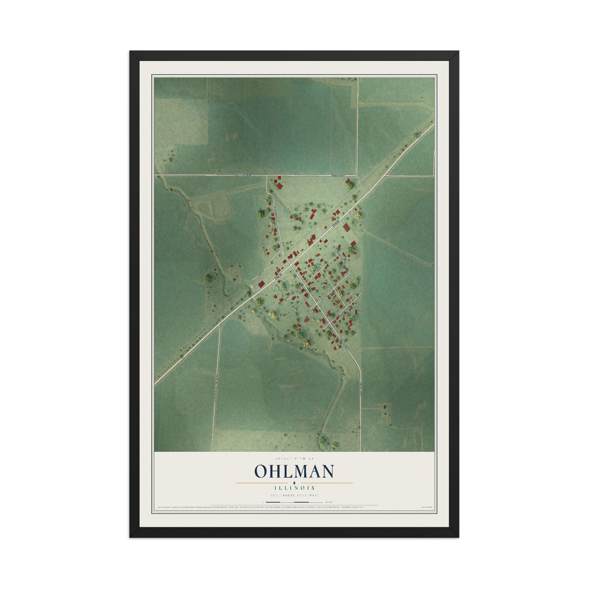 Map of Ohlman, Illinois, 12 x 18 inch print in a black wood frame