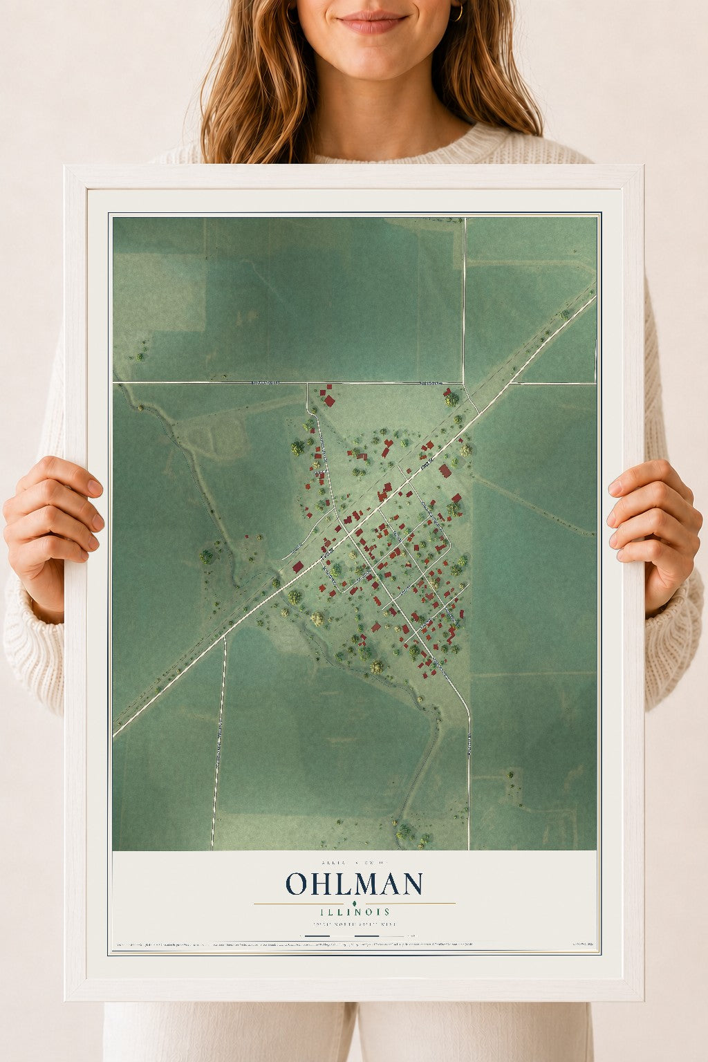 Map of Ohlman, Illinois, 18 x 24 inch print in a white wood frame