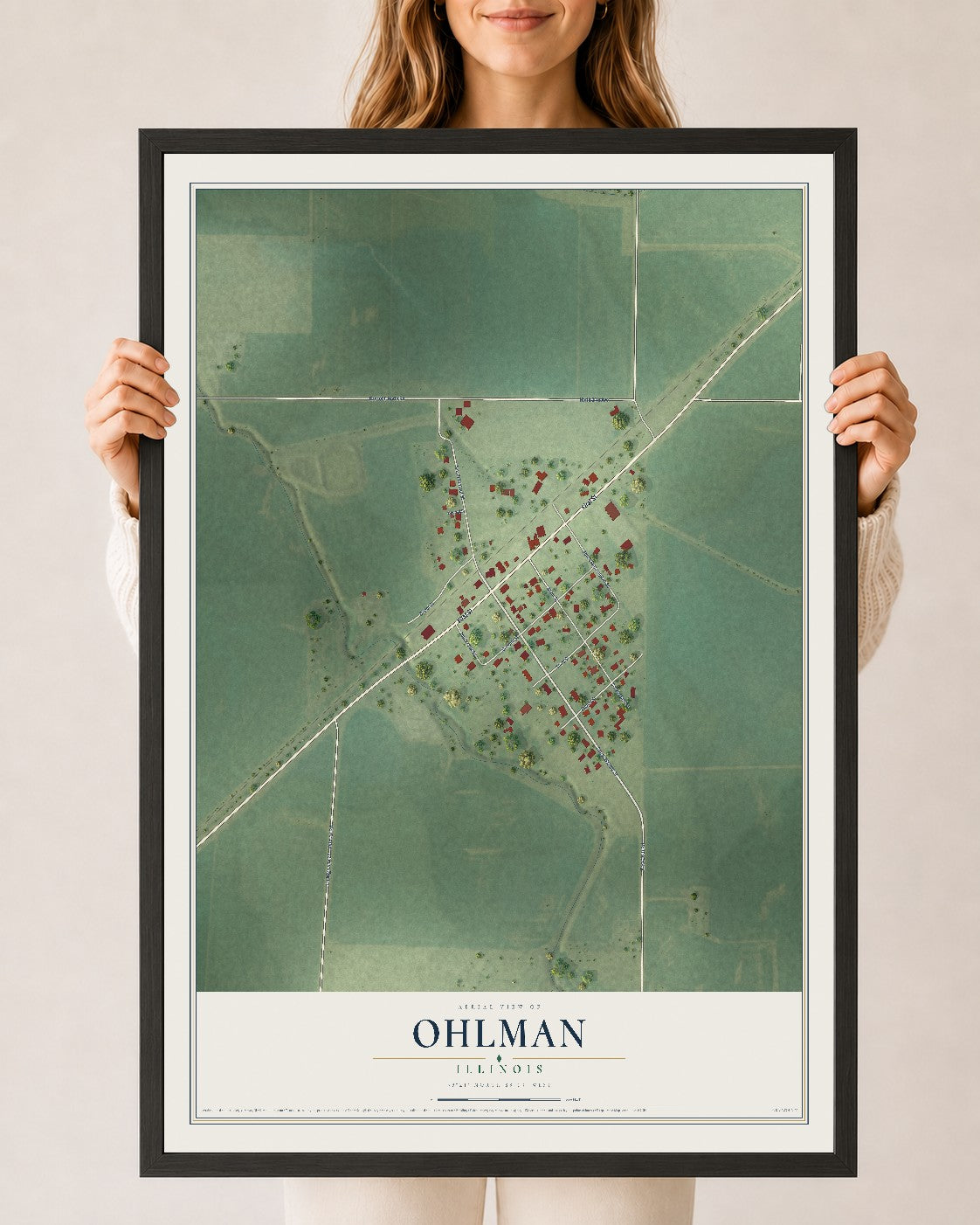 Map of Ohlman, Illinois, 24 x 36 inch print in a black wood frame