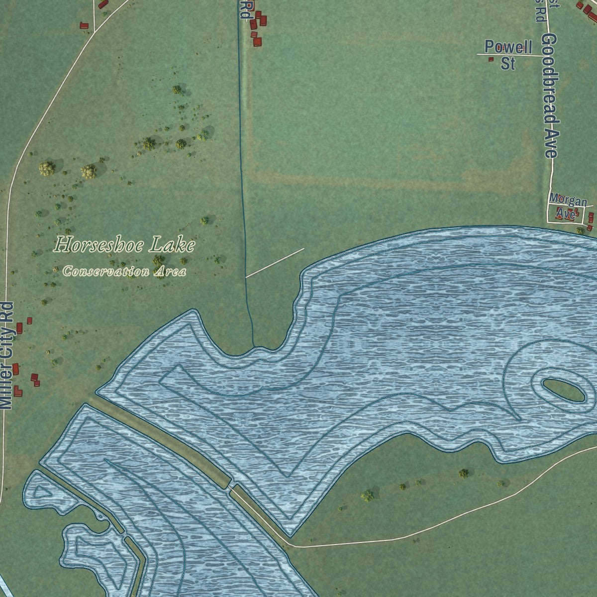 Close-up of the map of Olive Branch, Illinois print showing street and building detail
