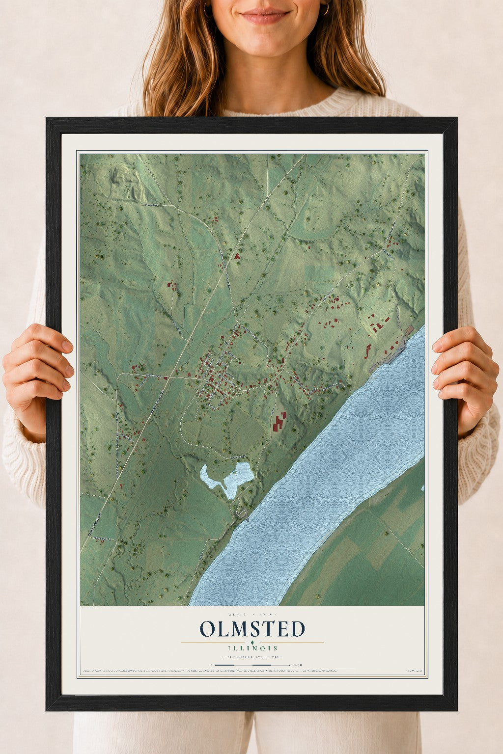 Map of Olmsted, Illinois, 18 x 24 inch print in a black wood frame