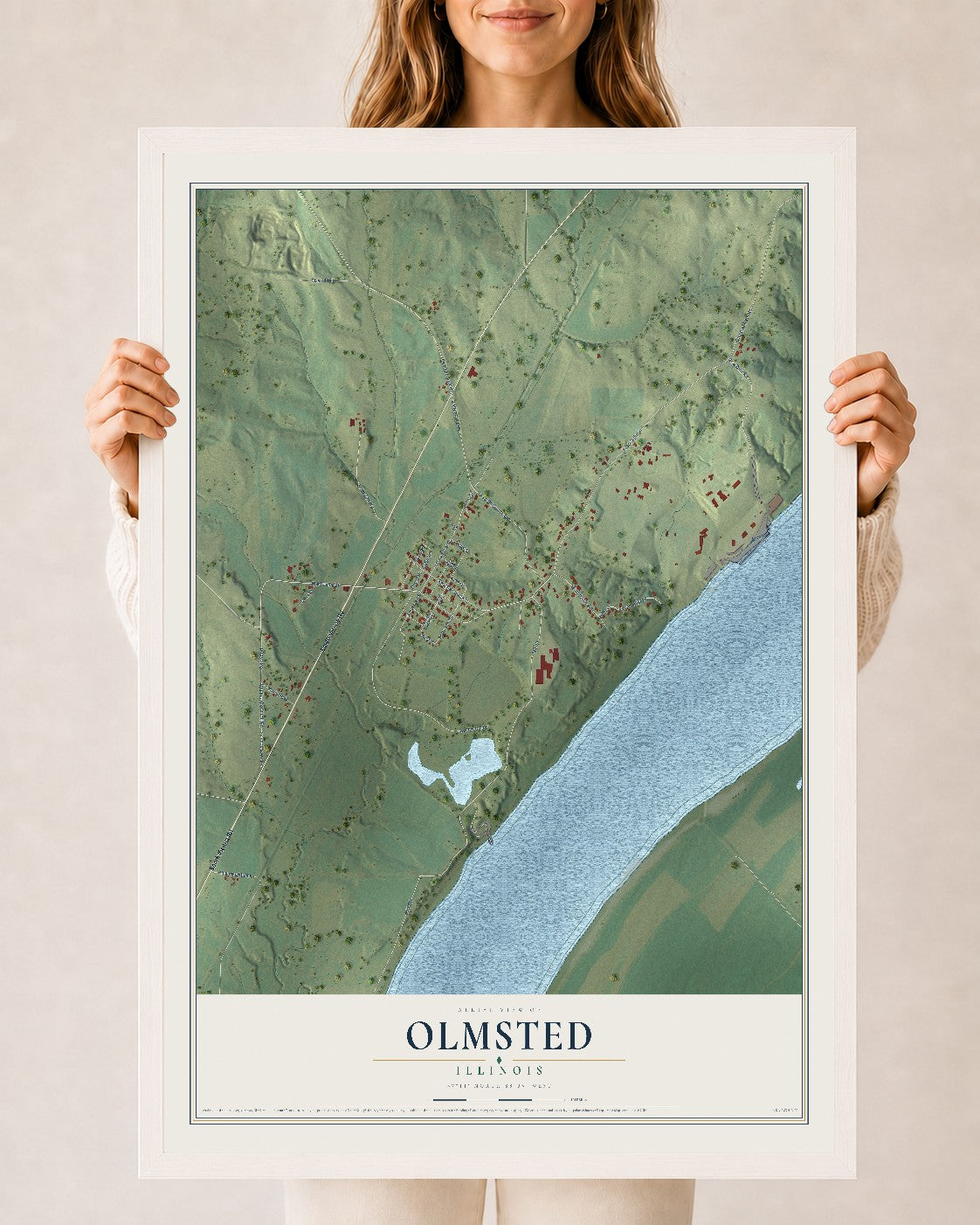 Map of Olmsted, Illinois, 24 x 36 inch print in a white wood frame