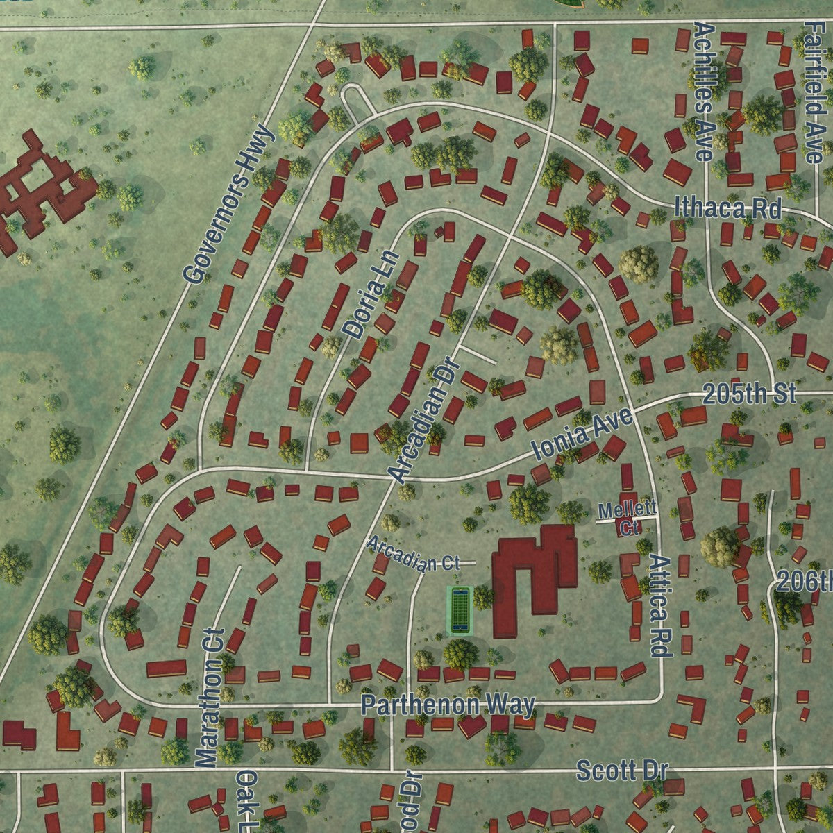 Close-up of the map of Olympia Fields, Illinois print showing street and building detail