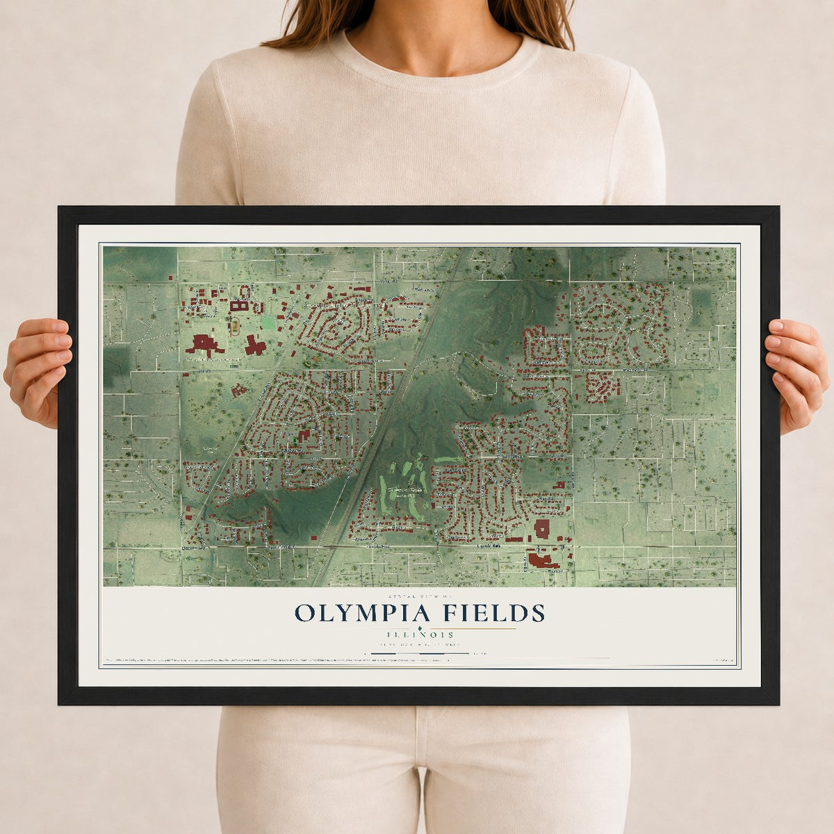 Map of Olympia Fields, Illinois, 12 x 18 inch print in a black wood frame