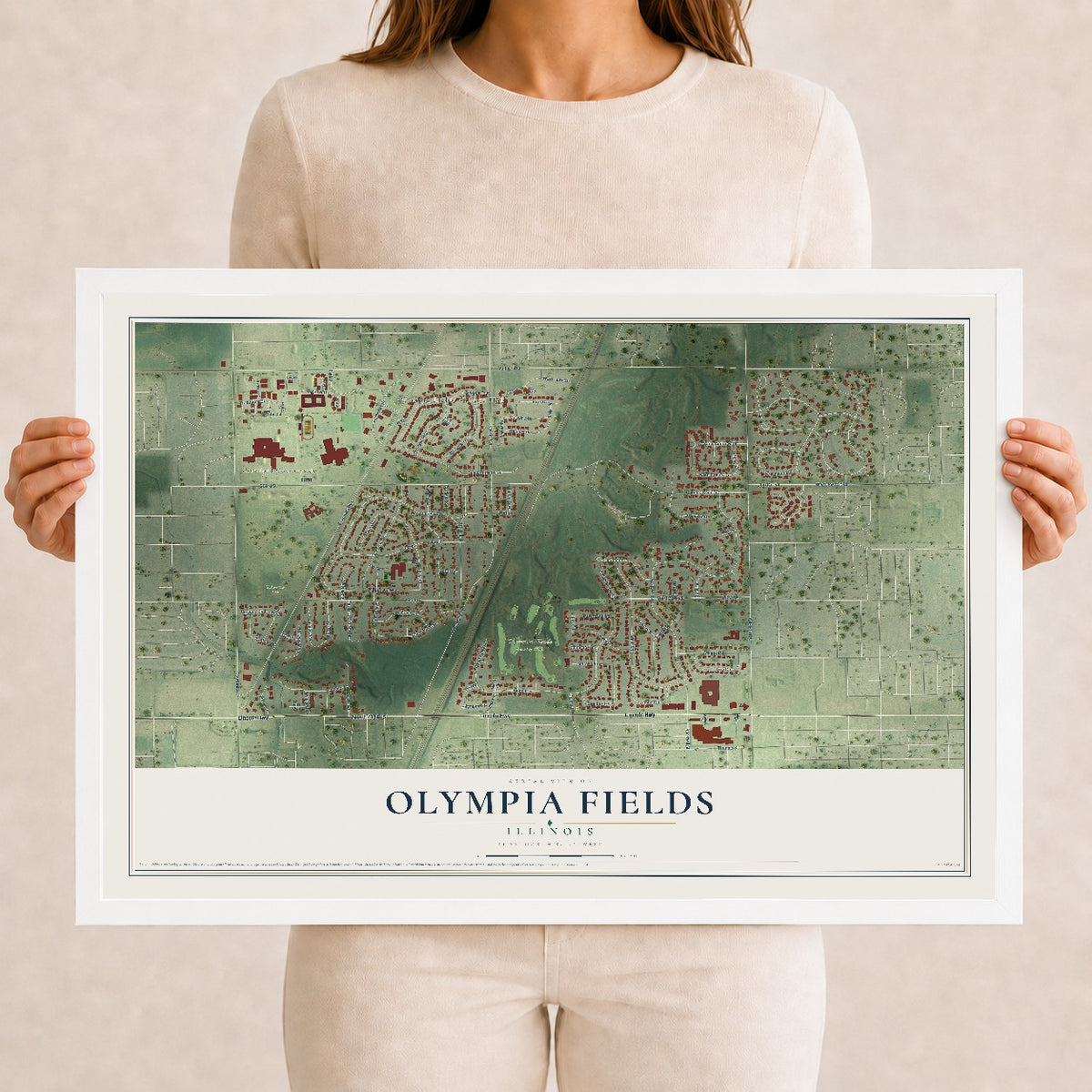 Map of Olympia Fields, Illinois, 12 x 18 inch print in a white wood frame