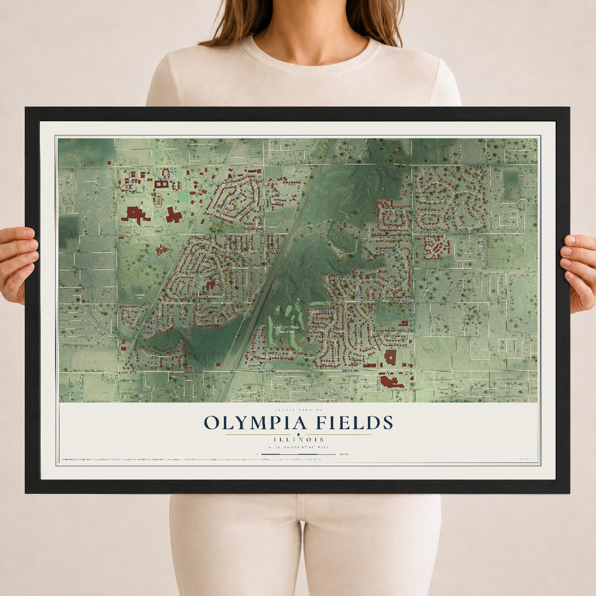 Map of Olympia Fields, Illinois, 18 x 24 inch print in a black wood frame