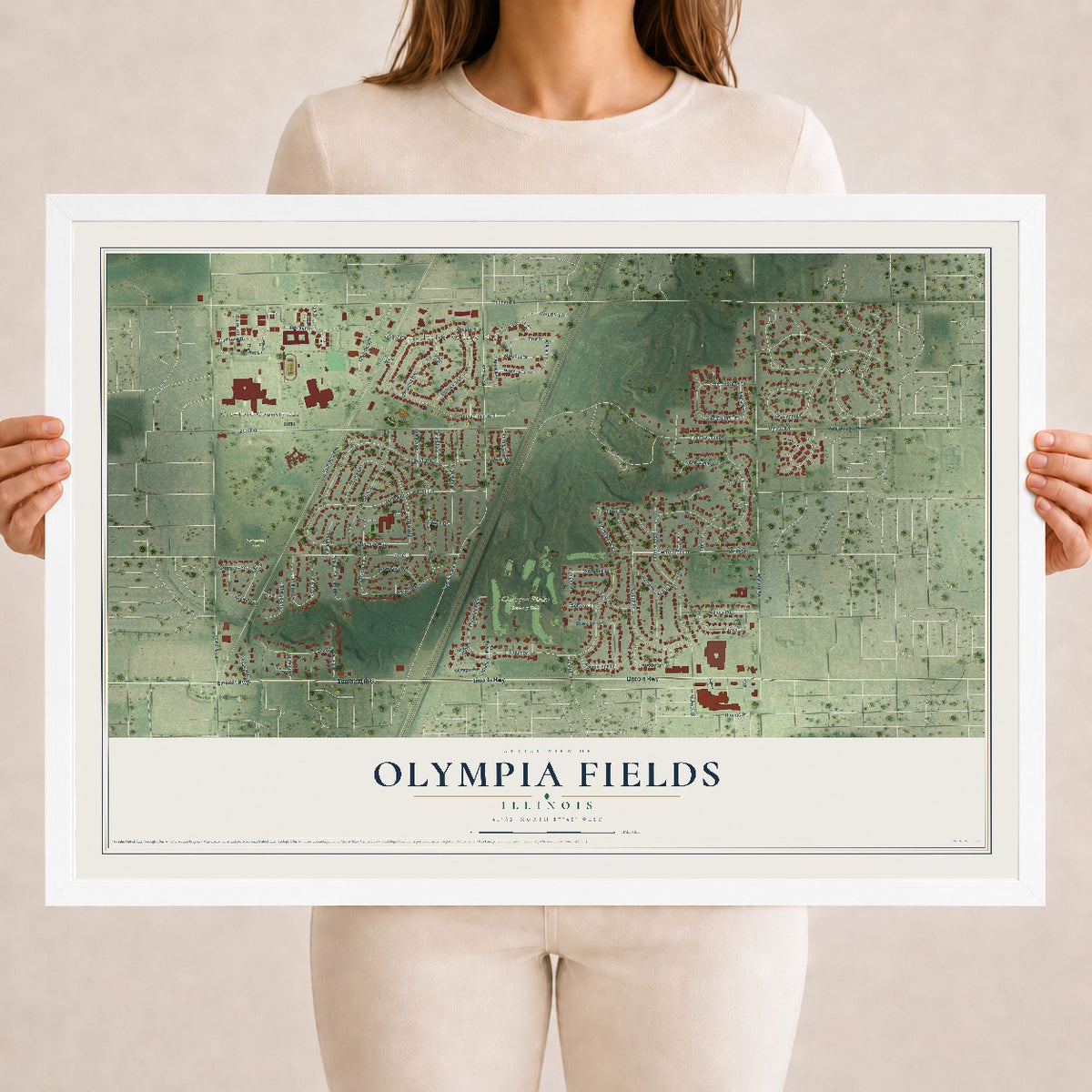 Map of Olympia Fields, Illinois, 18 x 24 inch print in a white wood frame