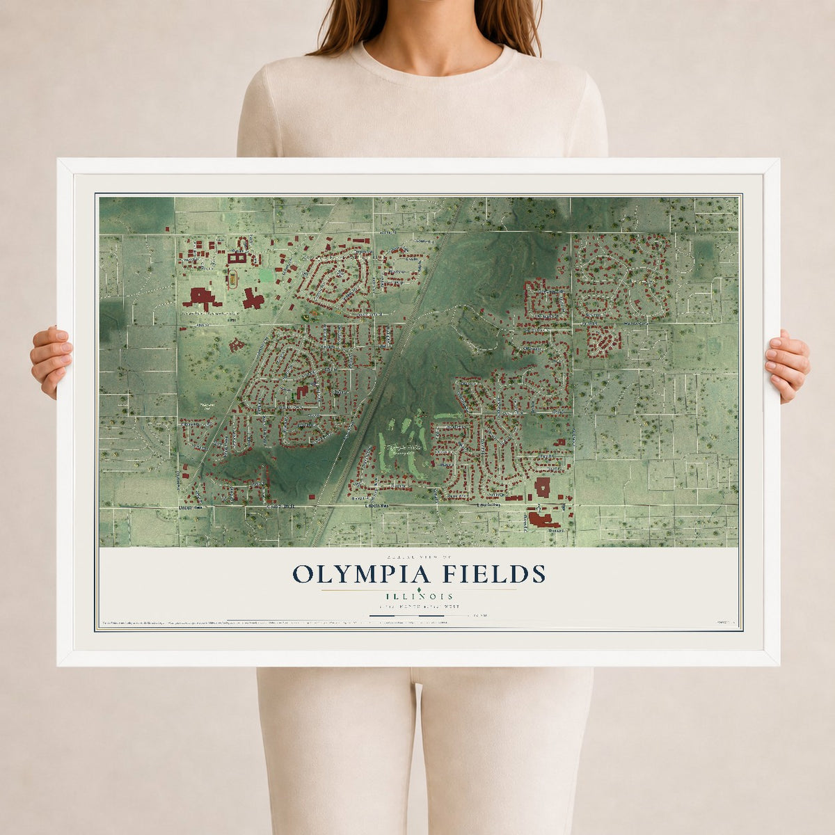 Map of Olympia Fields, Illinois, 24 x 36 inch print in a white wood frame