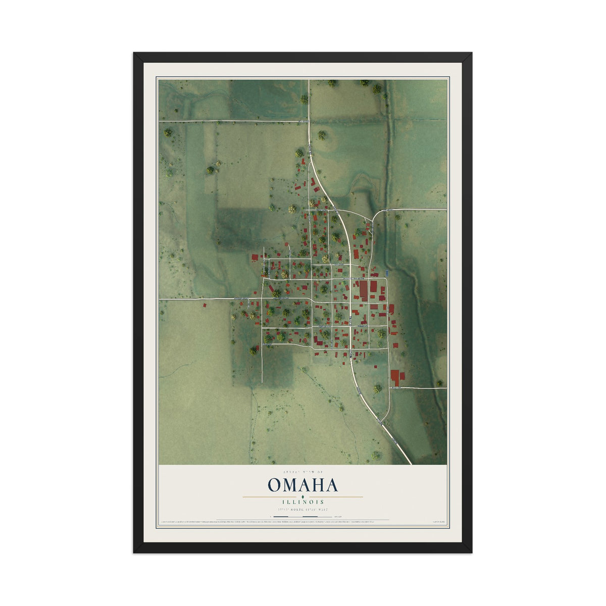 Map of Omaha, Illinois, 12 x 18 inch print in a black wood frame
