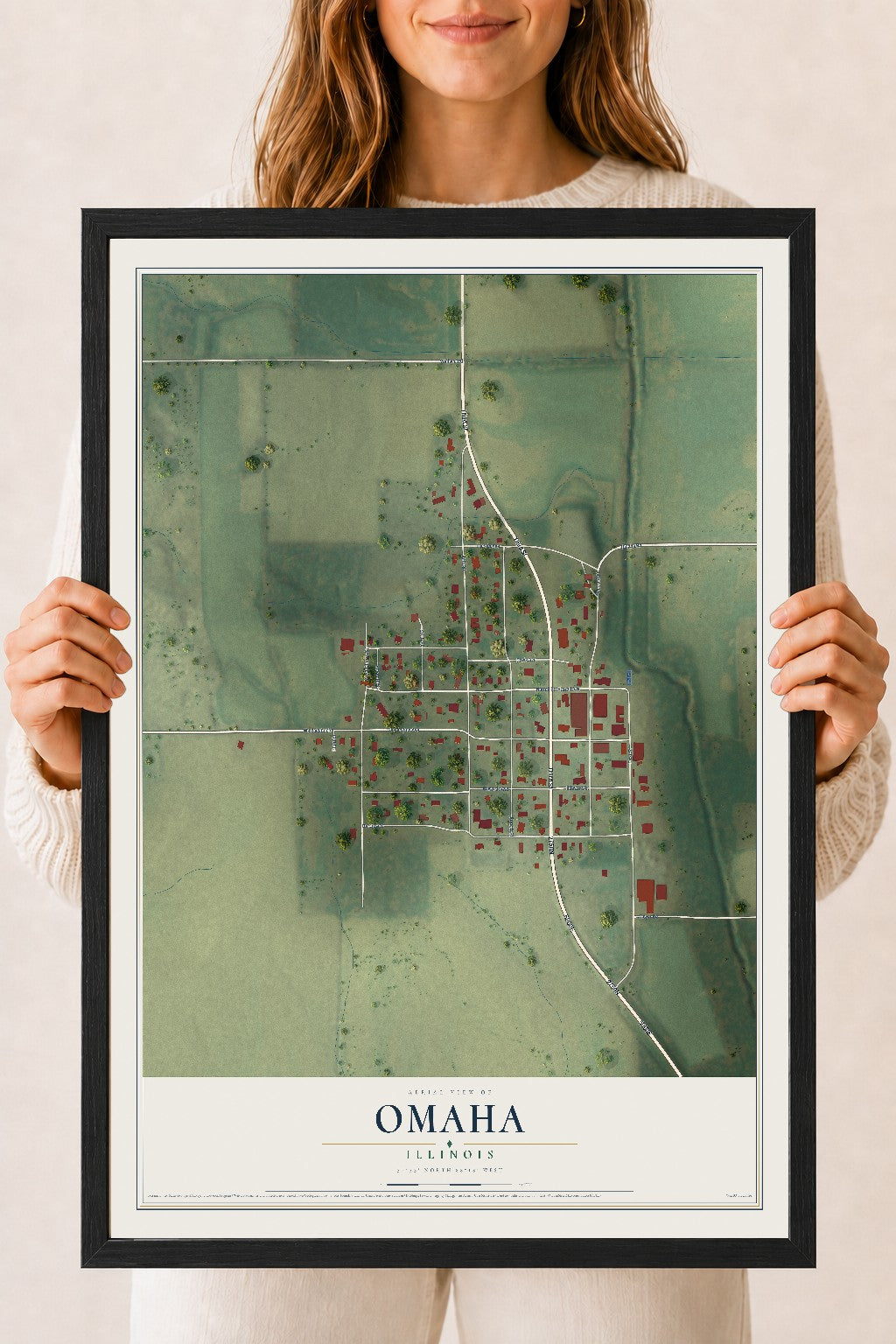 Map of Omaha, Illinois, 18 x 24 inch print in a black wood frame
