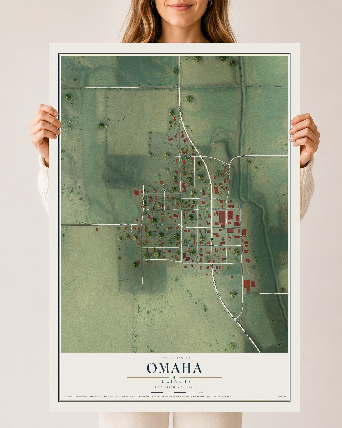 Map of Omaha, Illinois, 24 x 36 inch unframed archival matte print