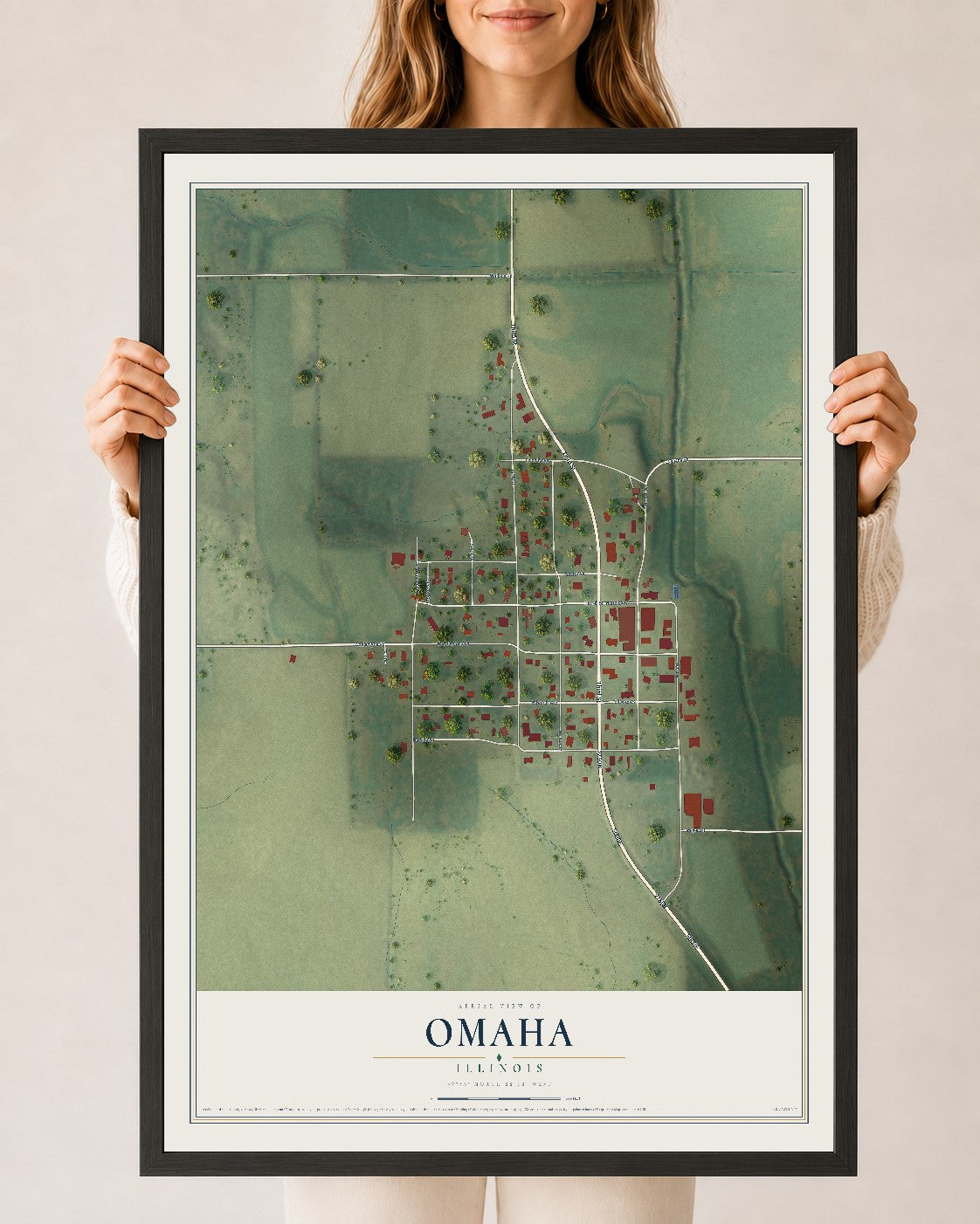 Map of Omaha, Illinois, 24 x 36 inch print in a black wood frame
