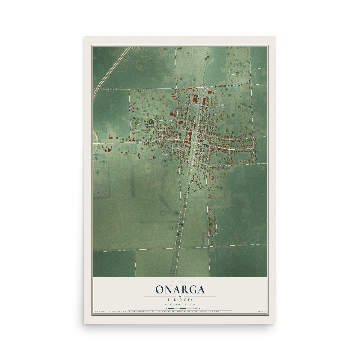 Map of Onarga, Illinois, 12 x 18 inch unframed archival matte print