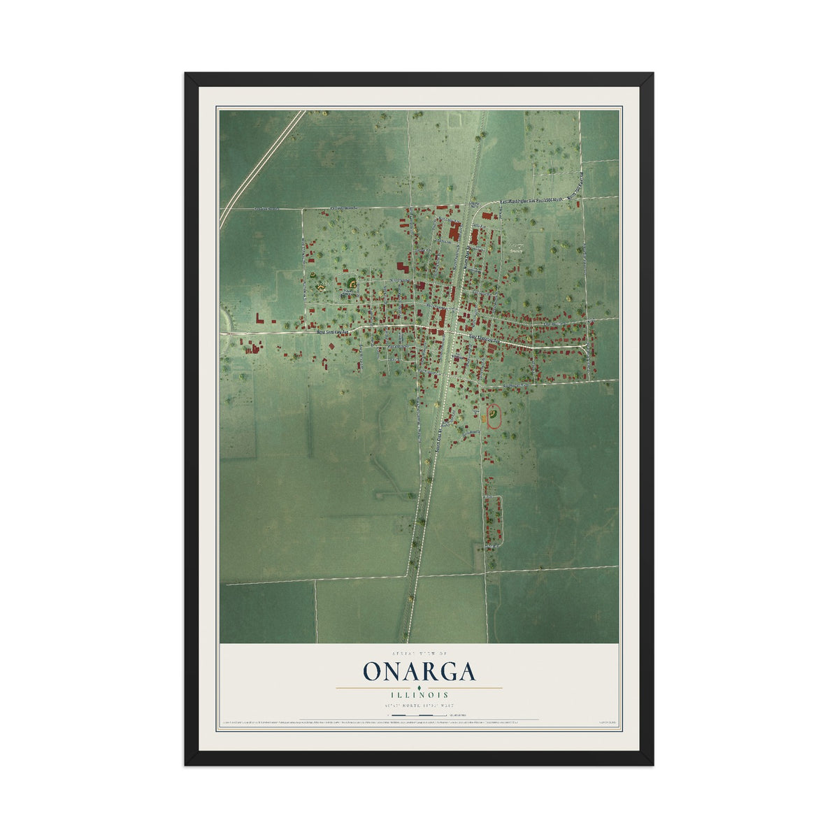 Map of Onarga, Illinois, 12 x 18 inch print in a black wood frame