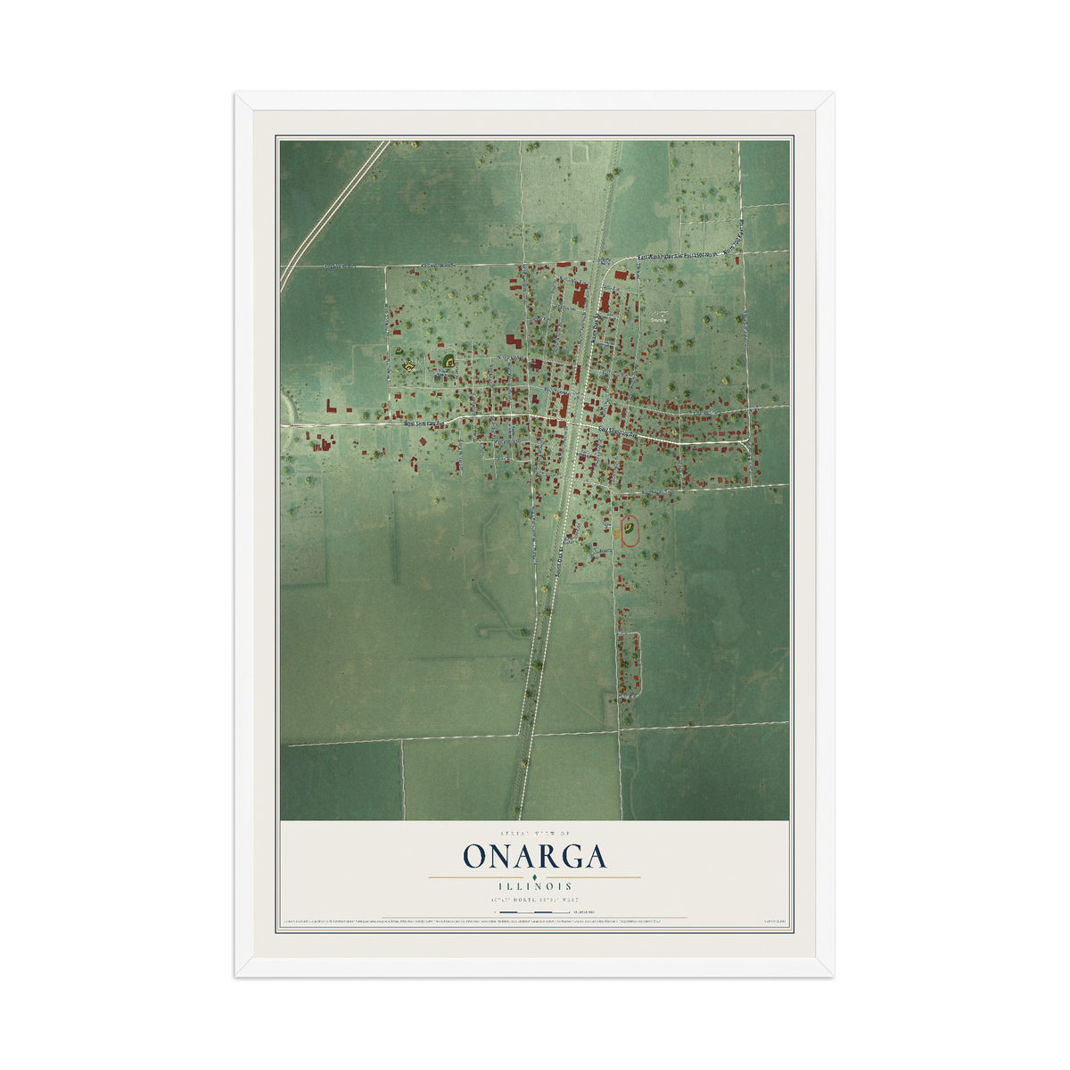 Map of Onarga, Illinois, 12 x 18 inch print in a white wood frame