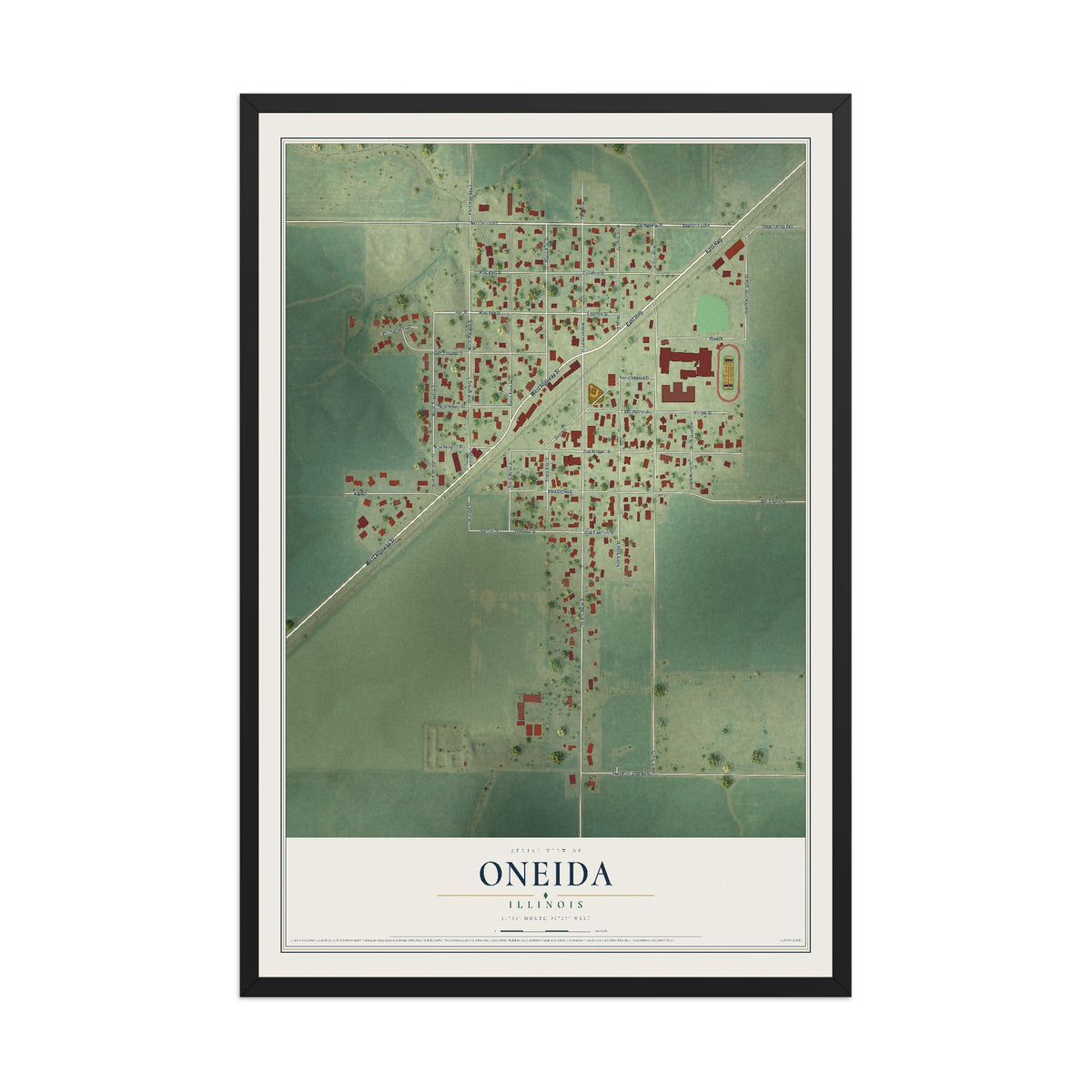 Map of Oneida, Illinois, 12 x 18 inch print in a black wood frame