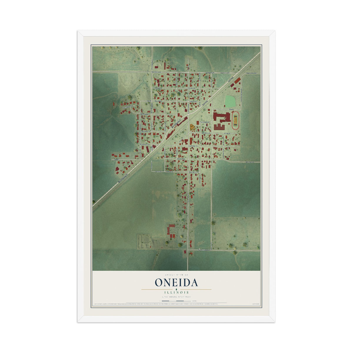Map of Oneida, Illinois, 12 x 18 inch print in a white wood frame