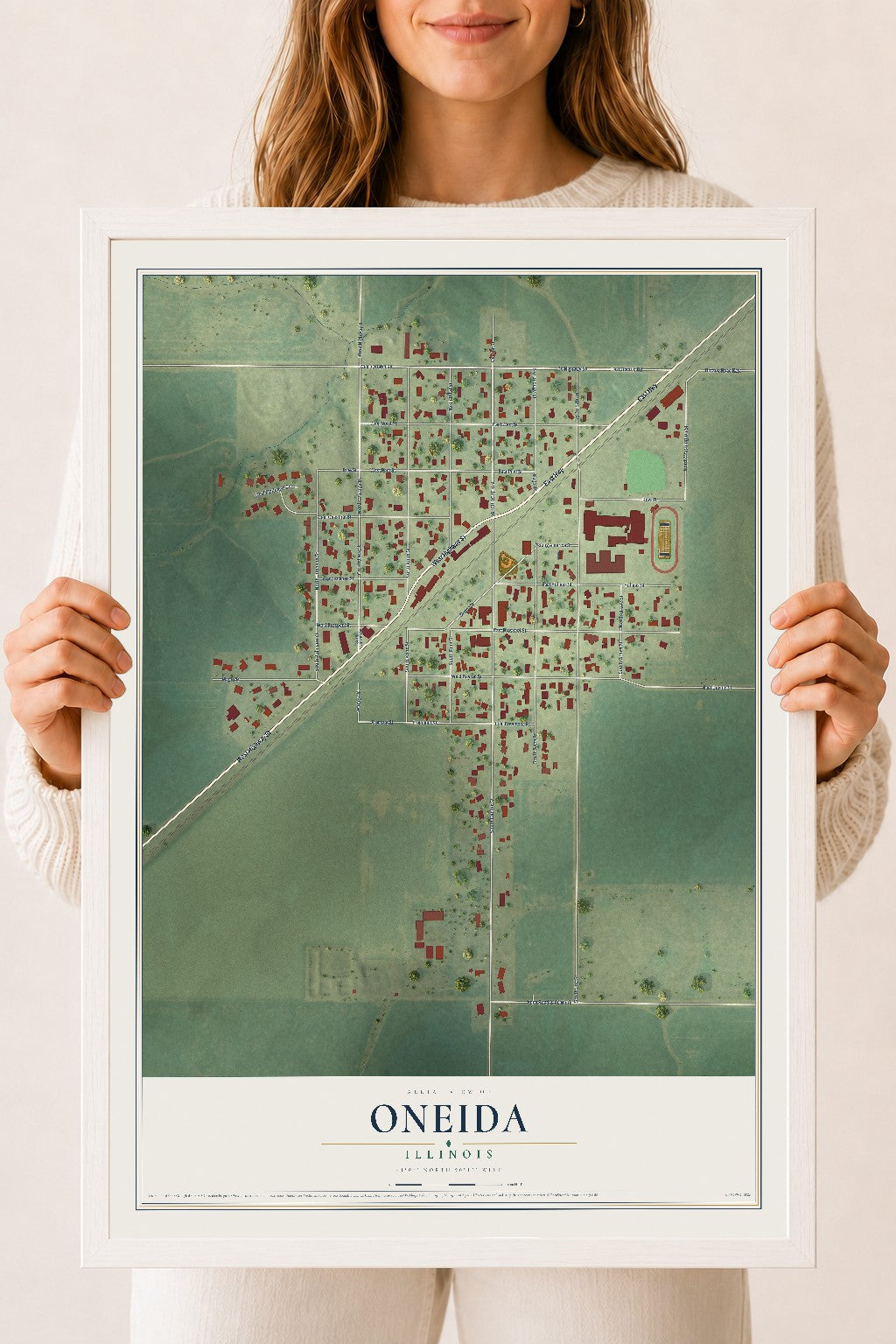 Map of Oneida, Illinois, 18 x 24 inch print in a white wood frame