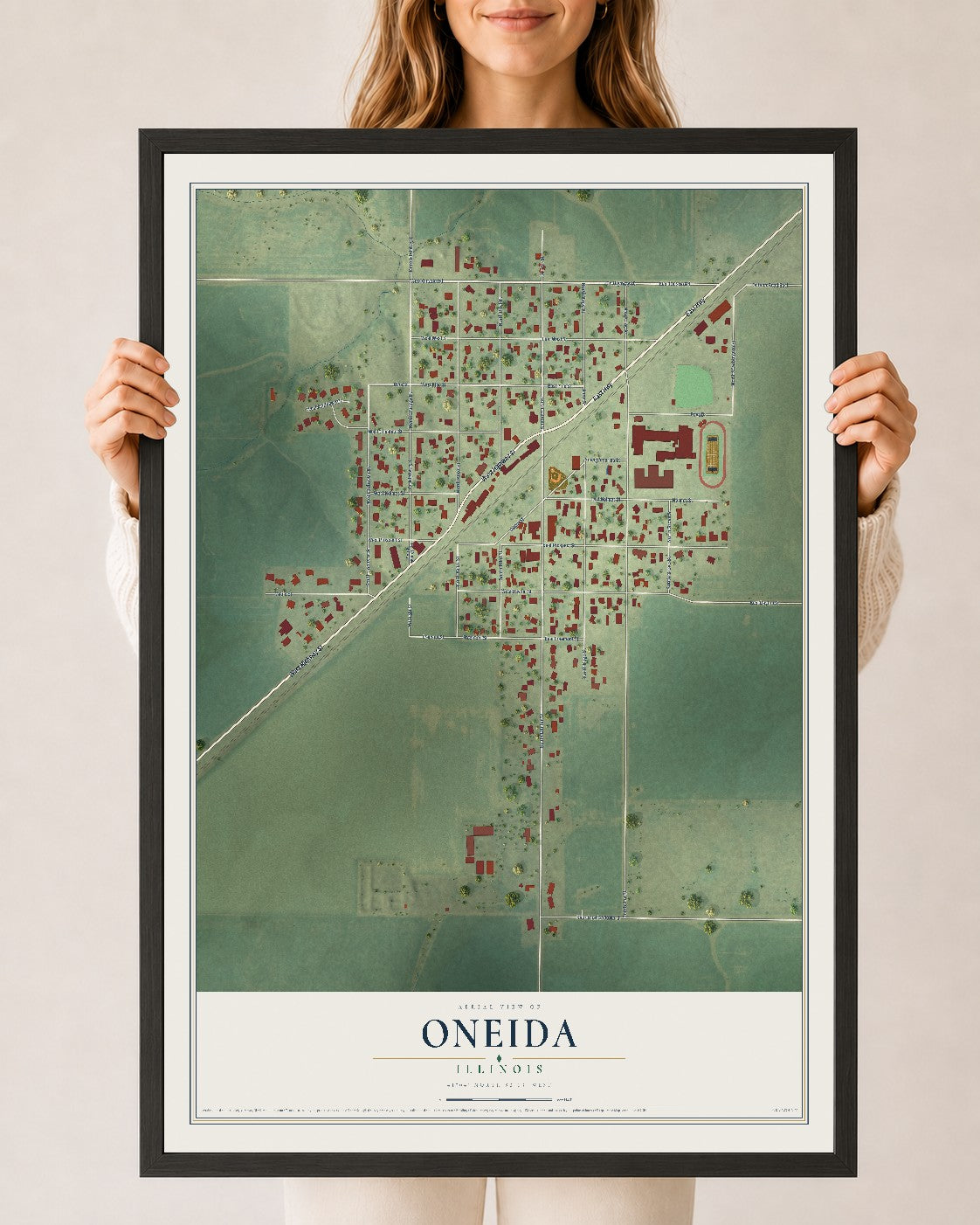 Map of Oneida, Illinois, 24 x 36 inch print in a black wood frame