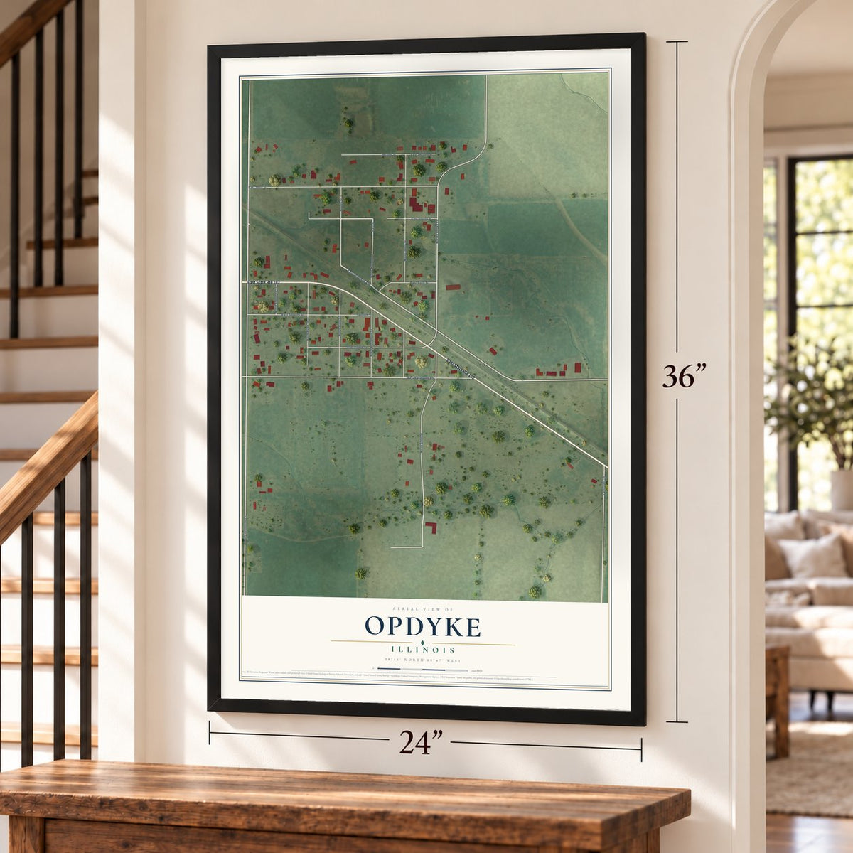 Opdyke, Illinois map, 24 x 36 inch print in a black frame by a staircase