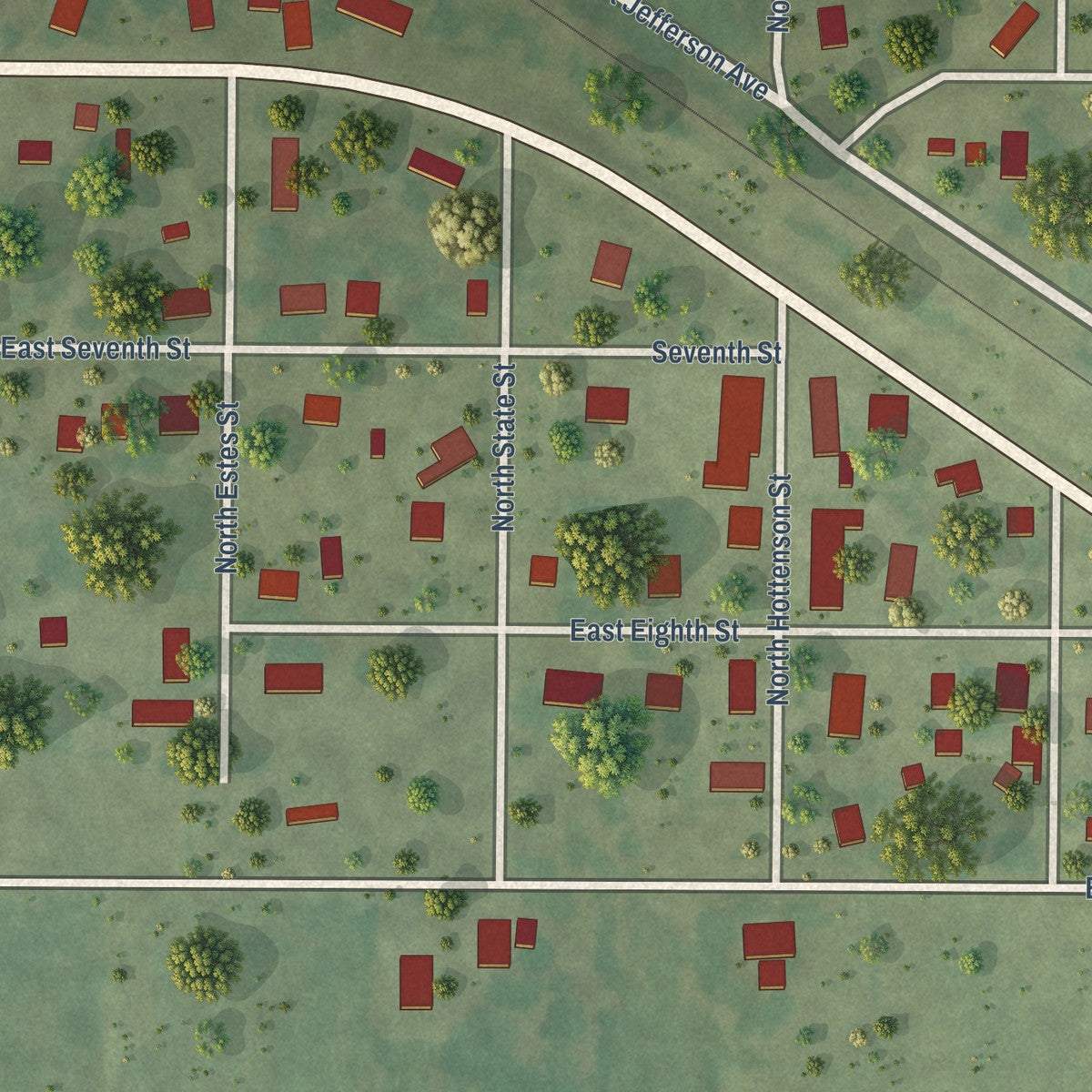 Close-up of the map of Opdyke, Illinois print showing street and building detail