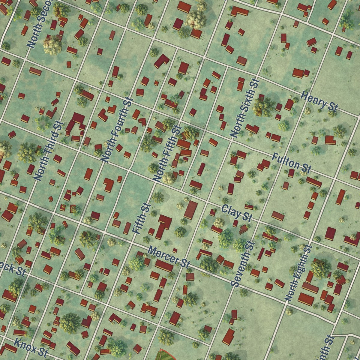 Close-up of the map of Oquawka, Illinois print showing street and building detail