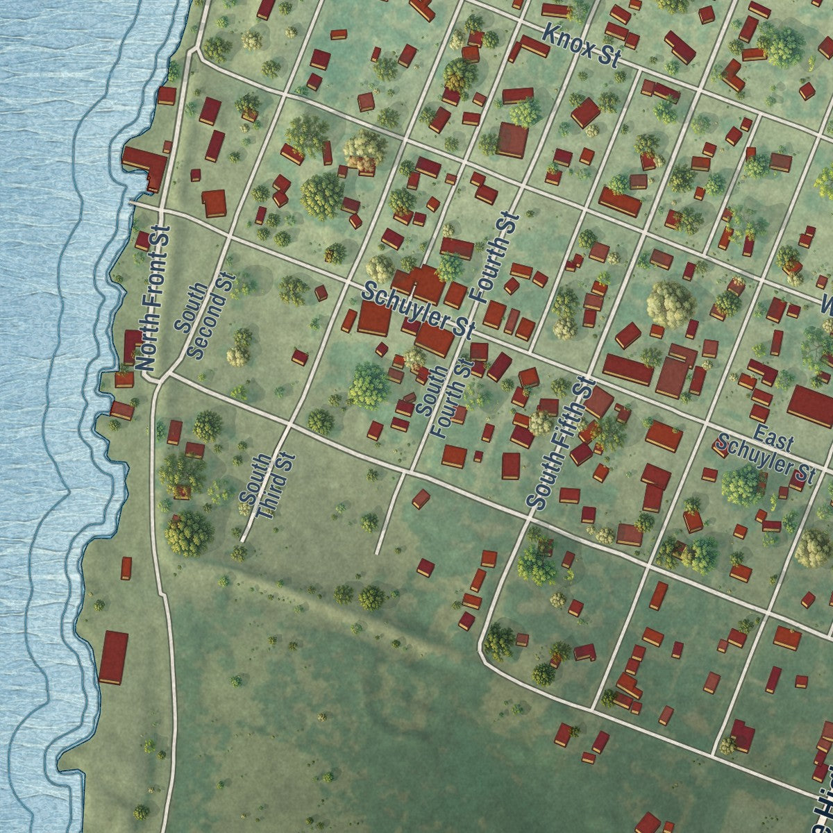 Second close-up of the map of Oquawka, Illinois print showing more streets and buildings