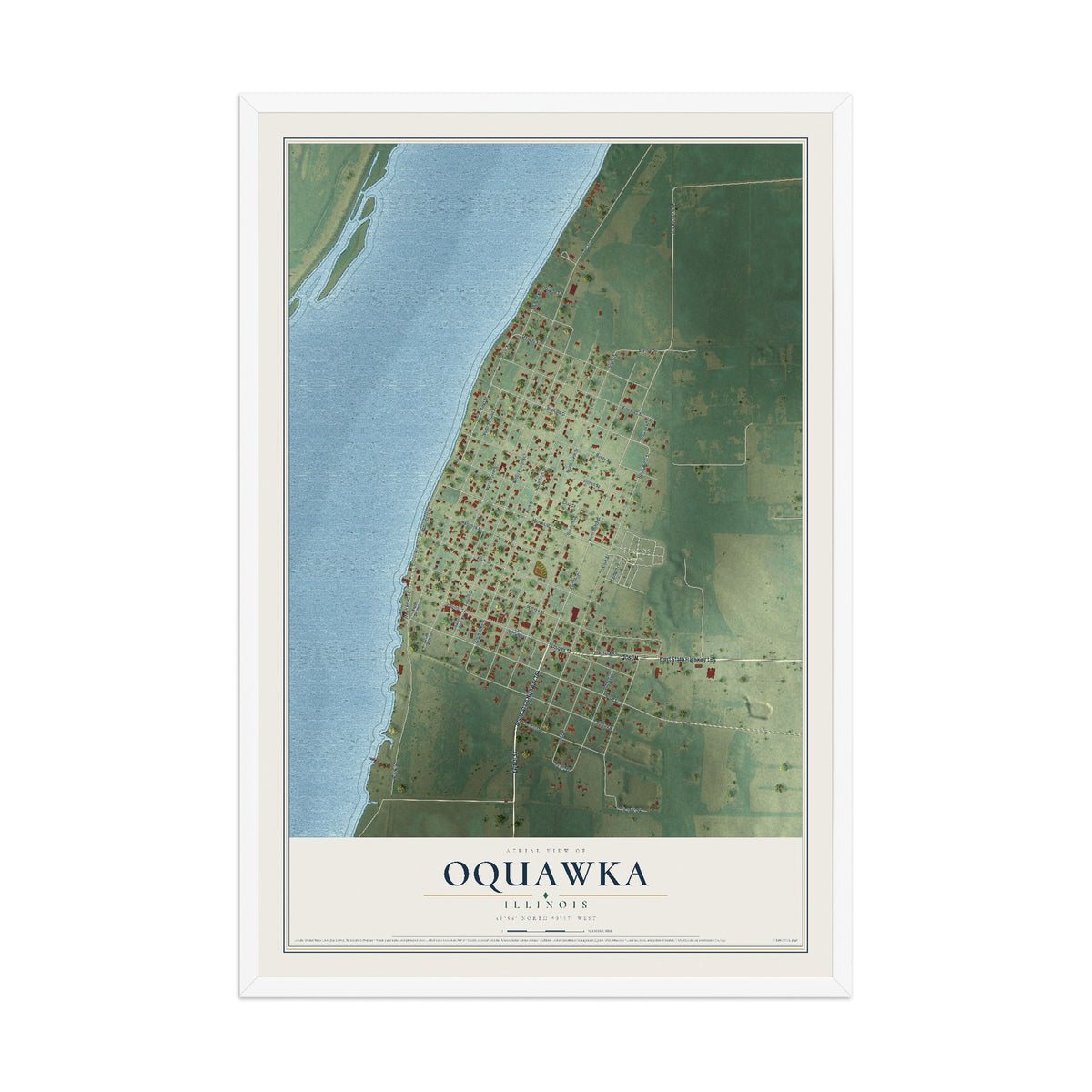 Map of Oquawka, Illinois, 12 x 18 inch print in a white wood frame