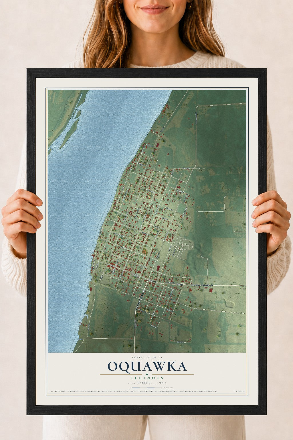 Map of Oquawka, Illinois, 18 x 24 inch print in a black wood frame