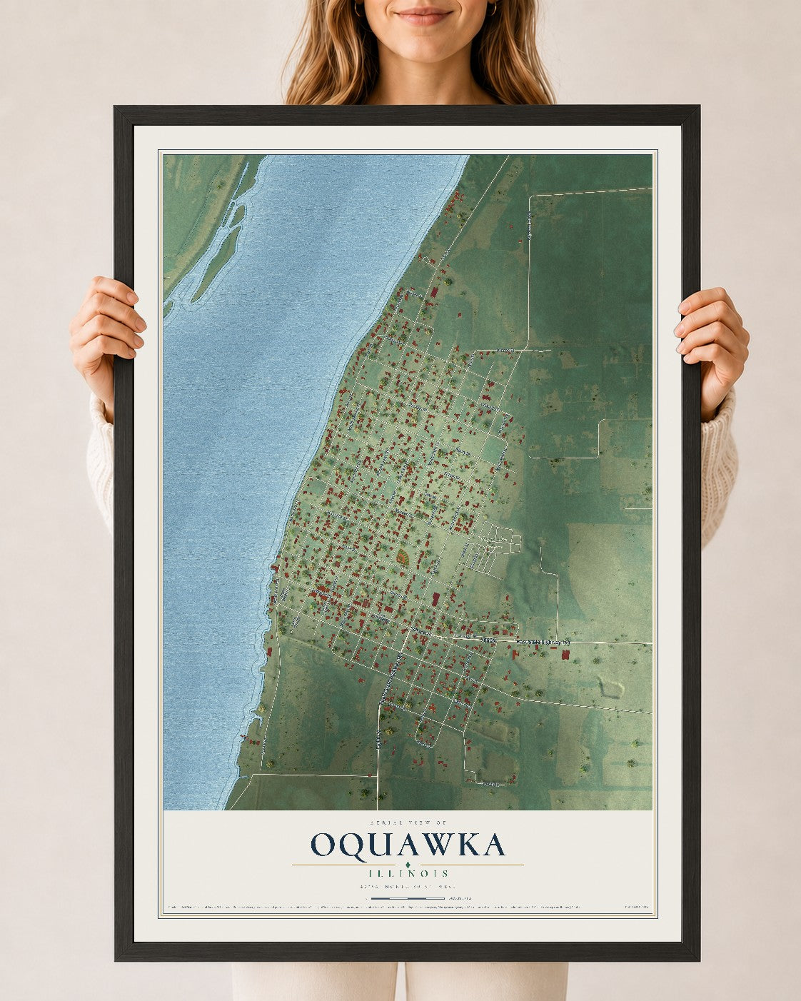 Map of Oquawka, Illinois, 24 x 36 inch print in a black wood frame
