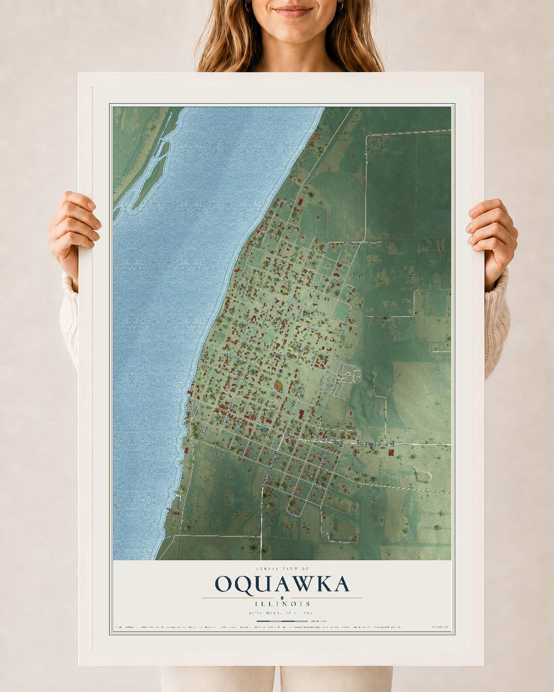 Map of Oquawka, Illinois, 24 x 36 inch print in a white wood frame