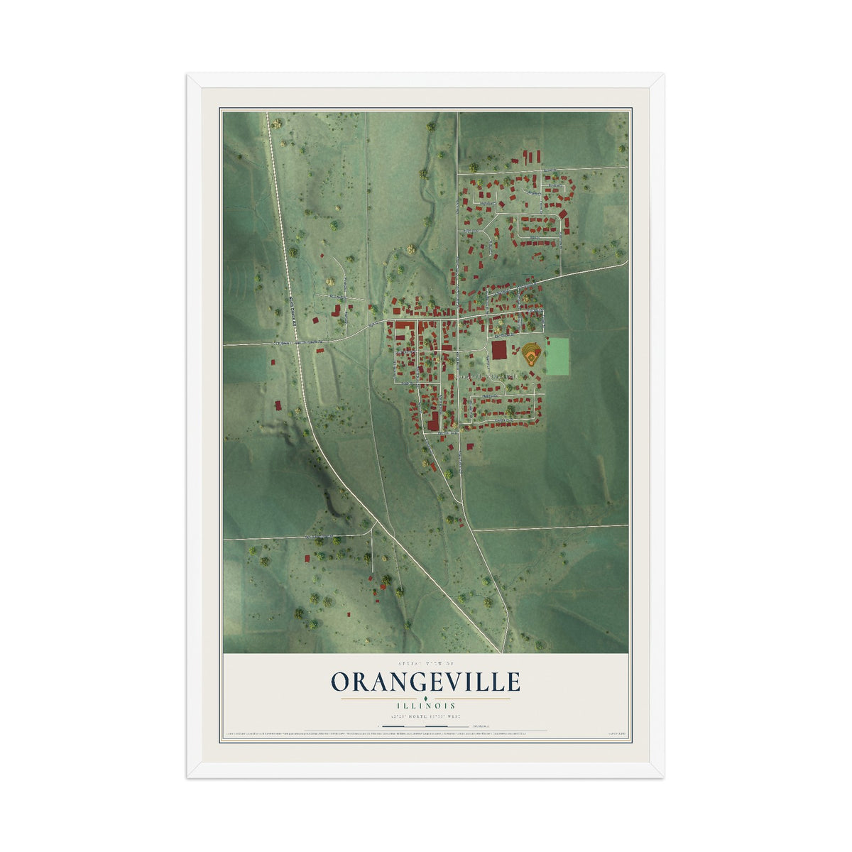 Map of Orangeville, Illinois, 12 x 18 inch print in a white wood frame