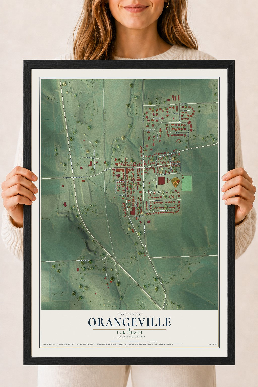 Map of Orangeville, Illinois, 18 x 24 inch print in a black wood frame