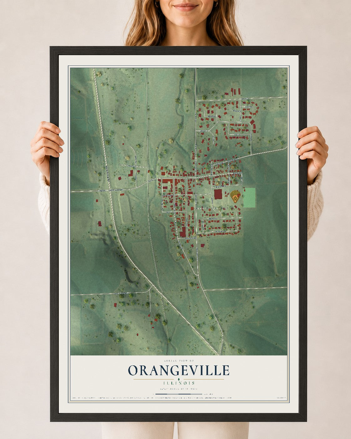 Map of Orangeville, Illinois, 24 x 36 inch print in a black wood frame