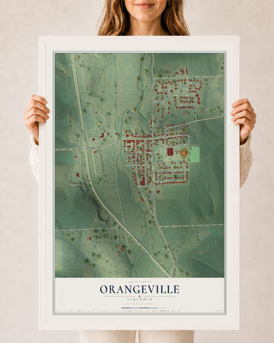 Map of Orangeville, Illinois, 24 x 36 inch print in a white wood frame