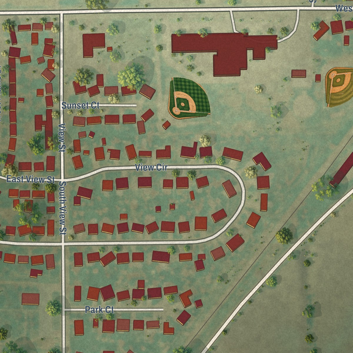 Close-up of the map of Oreana, Illinois print showing street and building detail