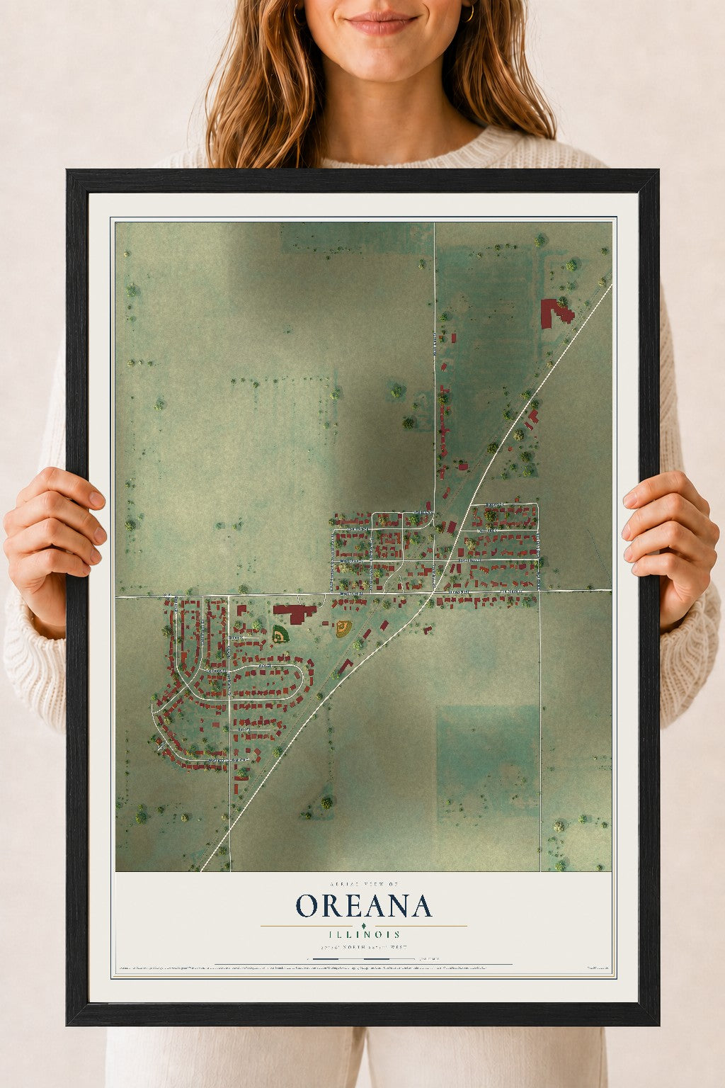 Map of Oreana, Illinois, 18 x 24 inch print in a black wood frame