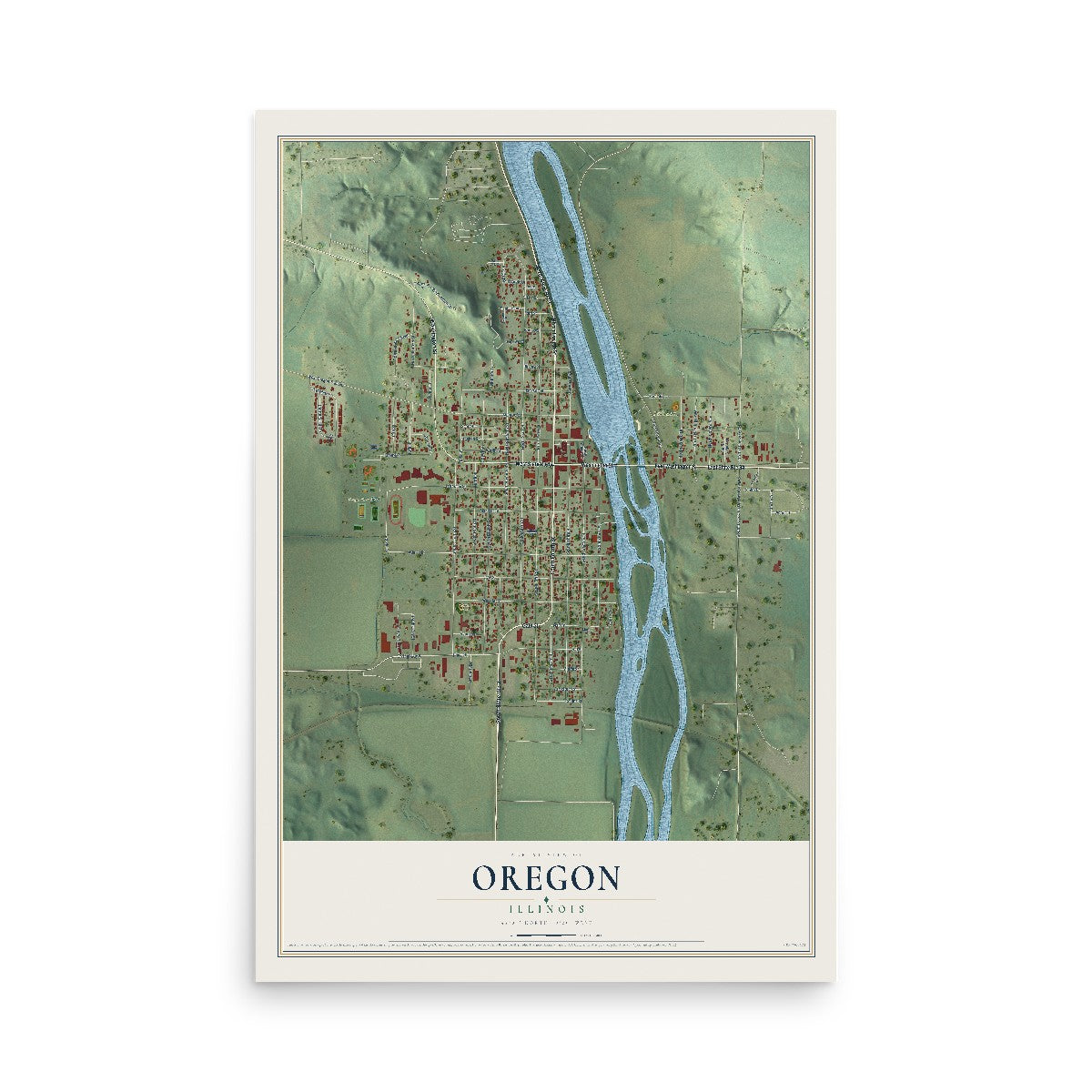Map of Oregon, Illinois, 12 x 18 inch unframed archival matte print
