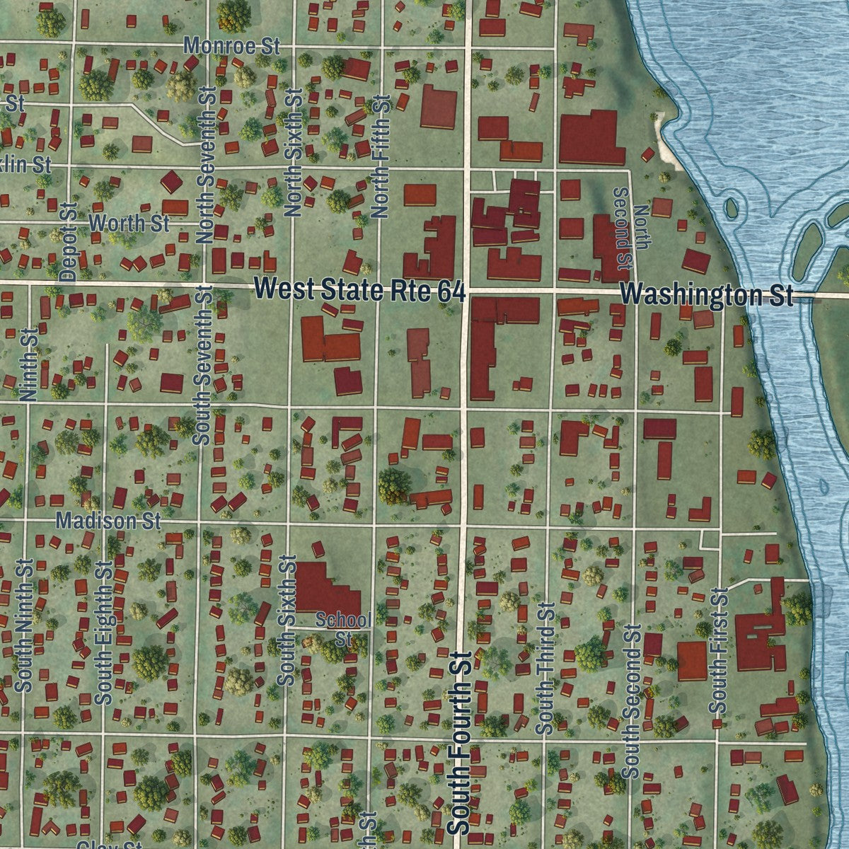 Close-up of the map of Oregon, Illinois print showing street and building detail