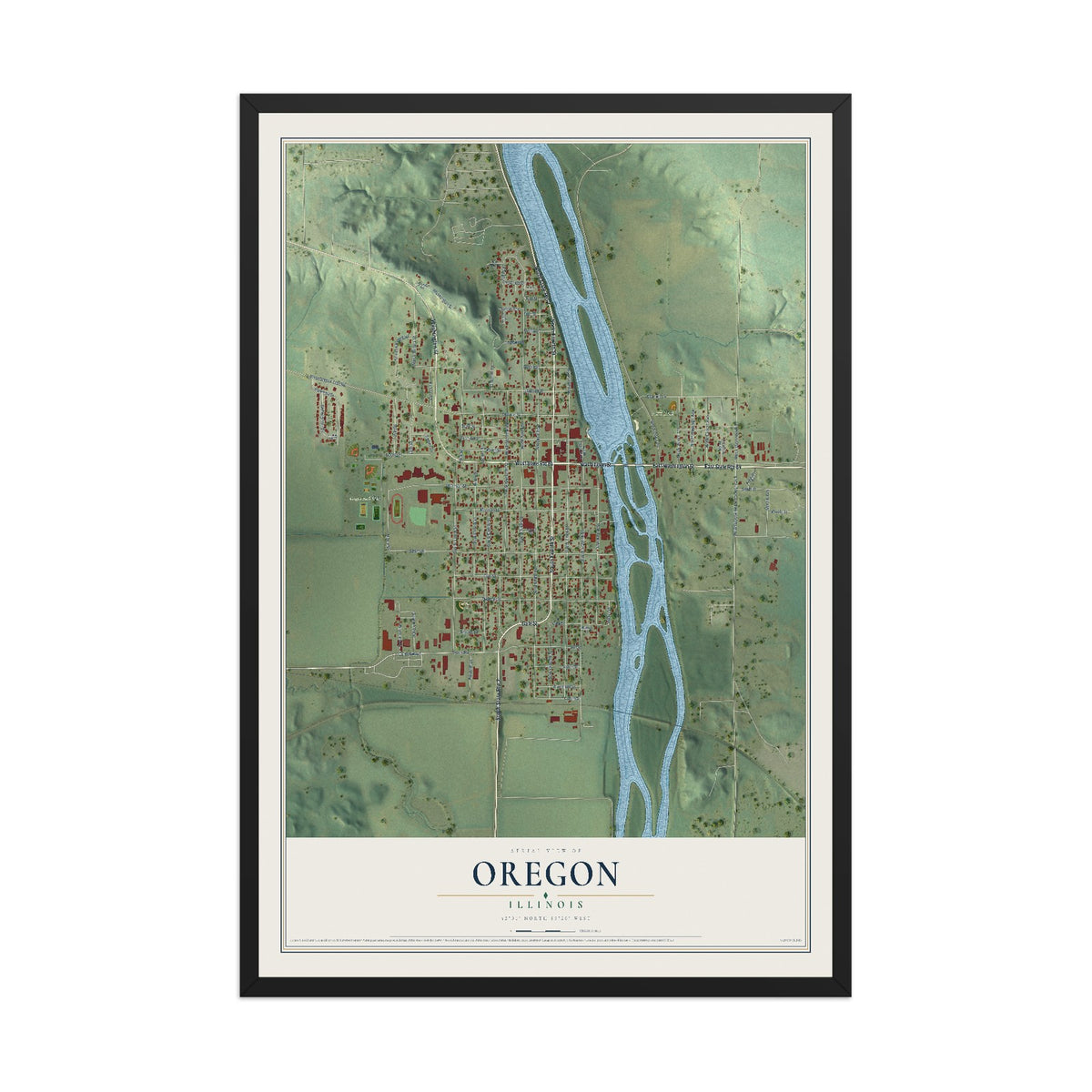 Map of Oregon, Illinois, 12 x 18 inch print in a black wood frame