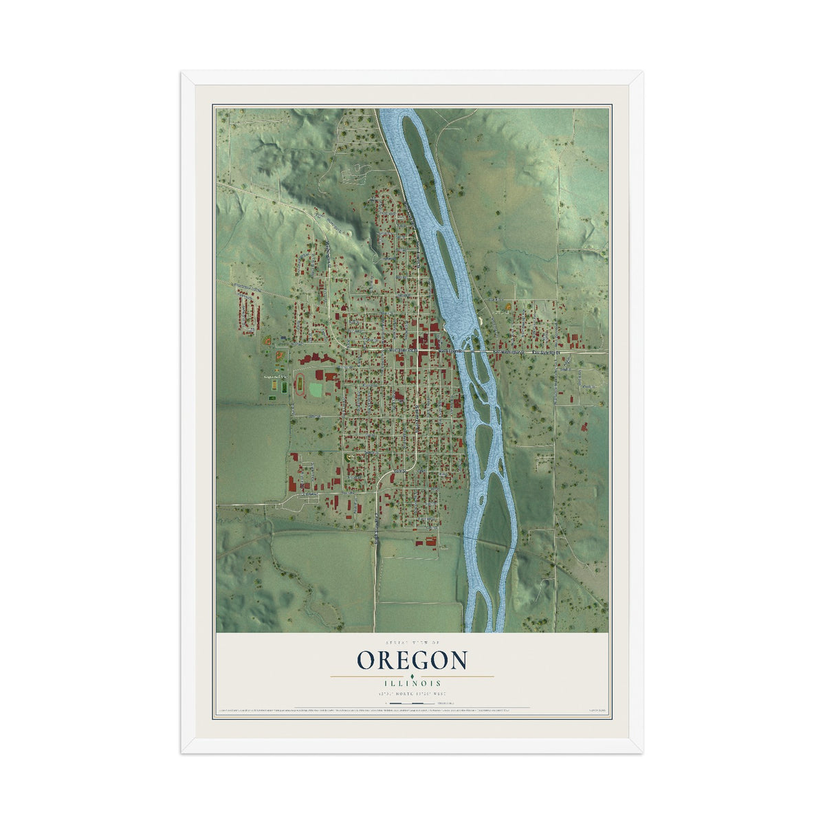 Map of Oregon, Illinois, 12 x 18 inch print in a white wood frame