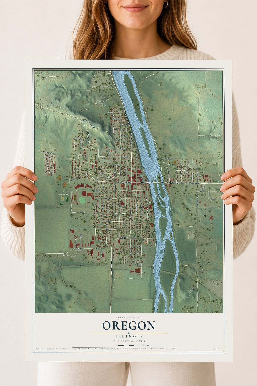 Map of Oregon, Illinois, 18 x 24 inch unframed archival matte print