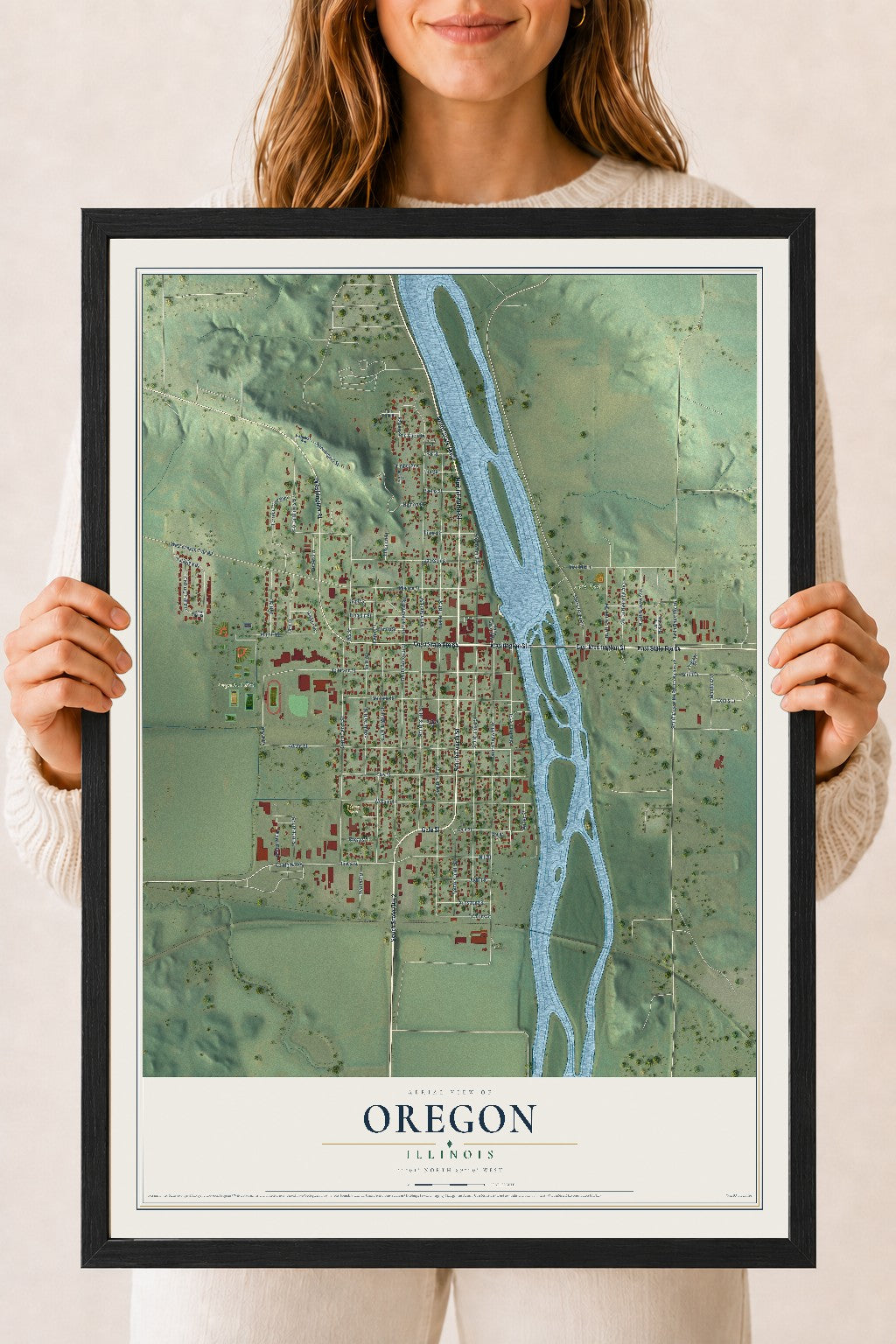 Map of Oregon, Illinois, 18 x 24 inch print in a black wood frame