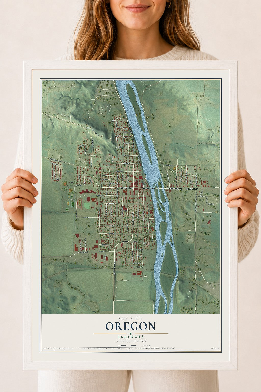 Map of Oregon, Illinois, 18 x 24 inch print in a white wood frame