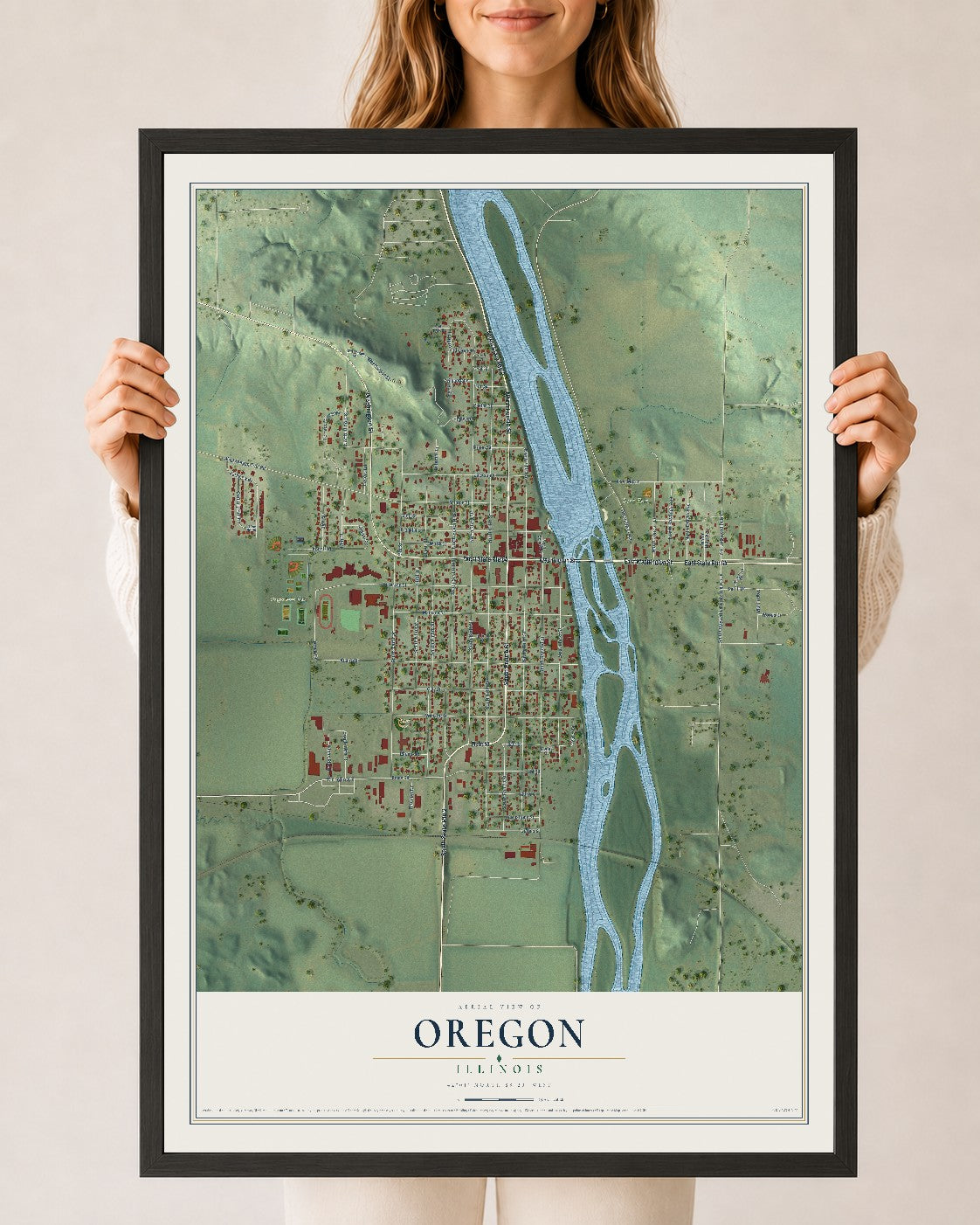Map of Oregon, Illinois, 24 x 36 inch print in a black wood frame