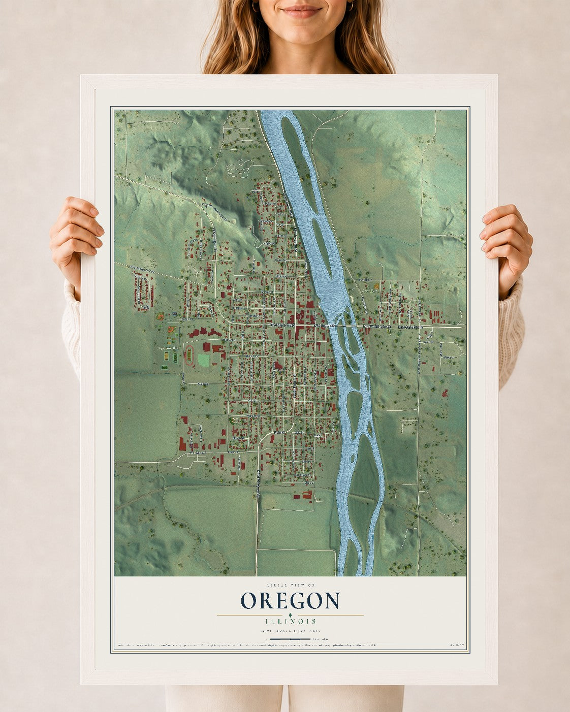 Map of Oregon, Illinois, 24 x 36 inch print in a white wood frame
